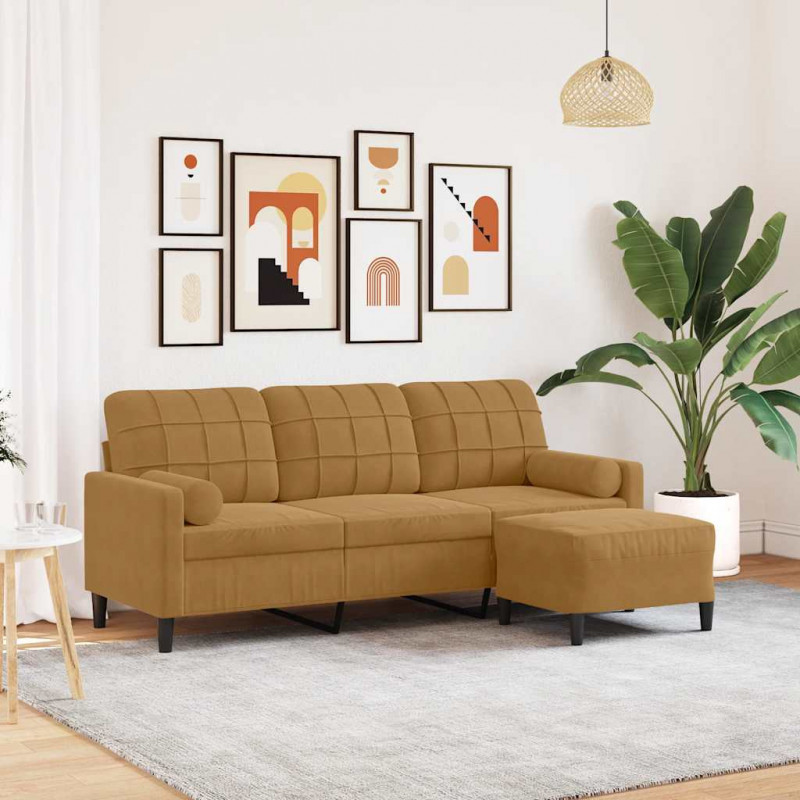 3-osobowa sofa z podnóżkiem, brązowy, 180 cm, aksamit