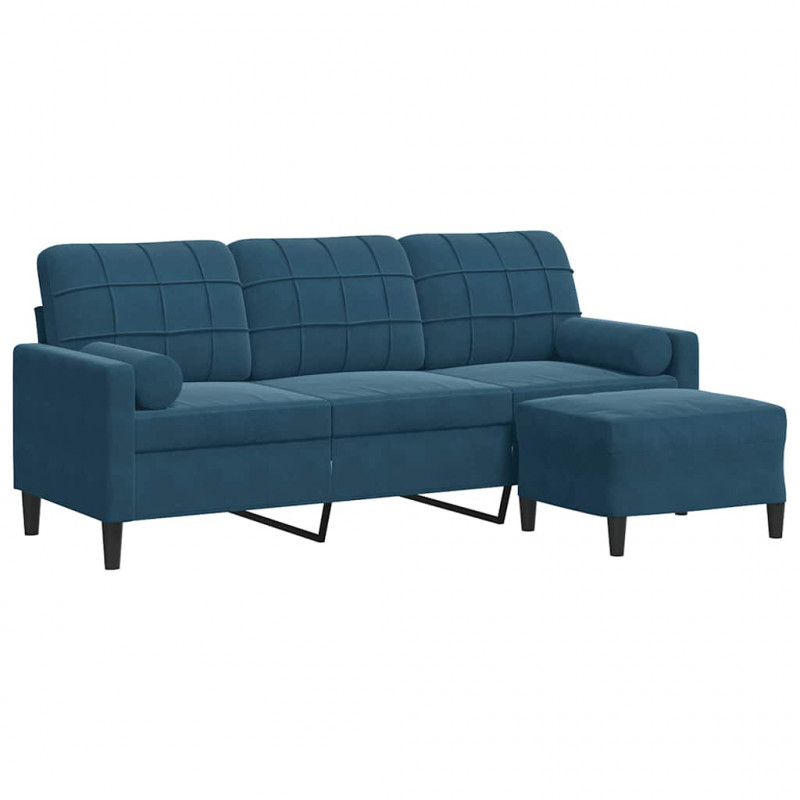 3-osobowa sofa z podnóżkiem, niebieska, 180 cm, aksamit