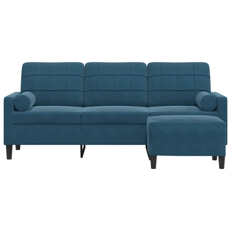 3-osobowa sofa z podnóżkiem, niebieska, 180 cm, aksamit