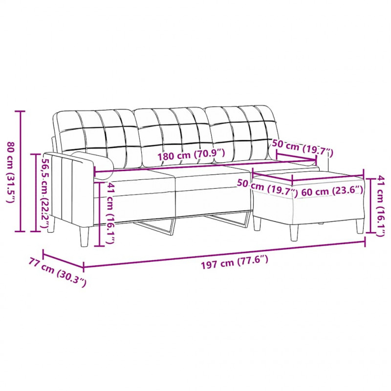3-osobowa sofa z podnóżkiem, niebieska, 180 cm, aksamit