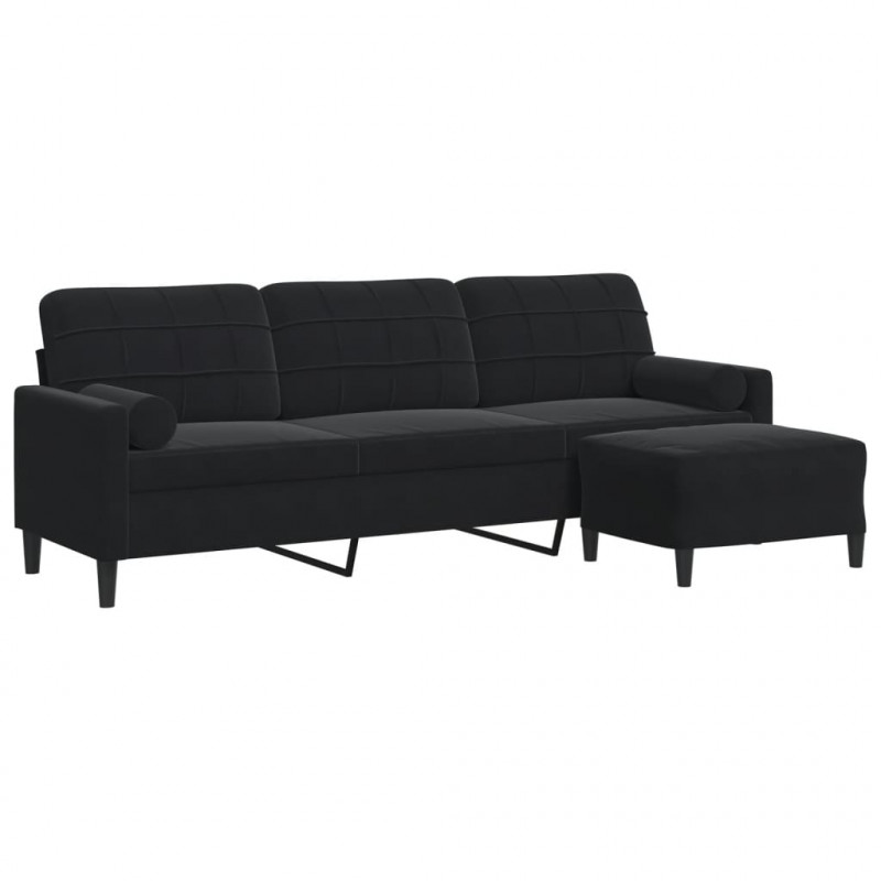 3-osobowa sofa z podnóżkiem, czarna, 210 cm, aksamit