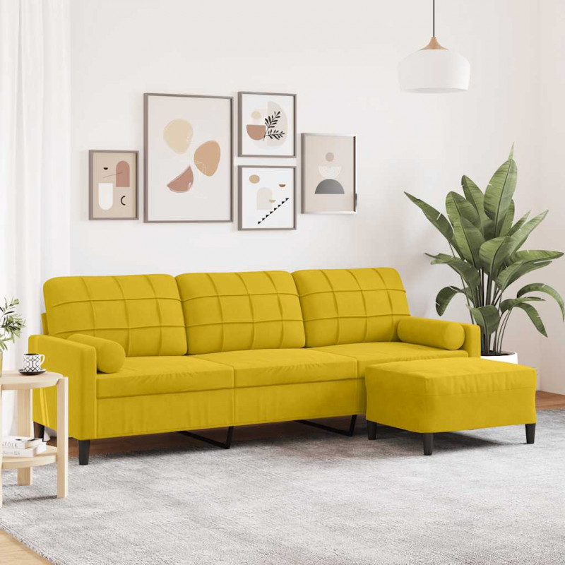 3-osobowa sofa z podnóżkiem, żółta, 210 cm, obita aksamitem
