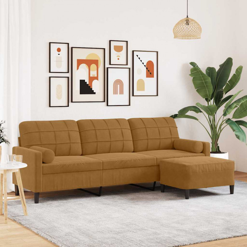 3-osobowa sofa z podnóżkiem, brązowa, 210 cm, aksamit