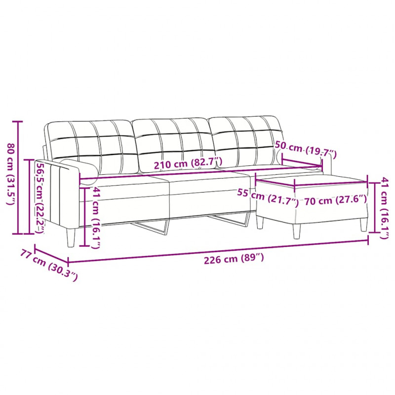 3-osobowa sofa z podnóżkiem, kremowa, 210 cm, aksamit