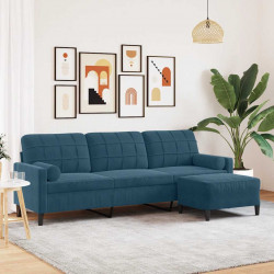 3-osobowa sofa z podnóżkiem, niebieska, 210 cm, aksamit