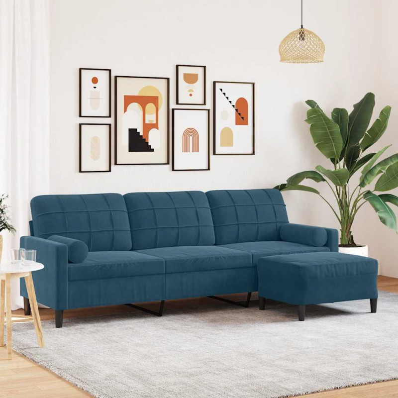 3-osobowa sofa z podnóżkiem, niebieska, 210 cm, aksamit