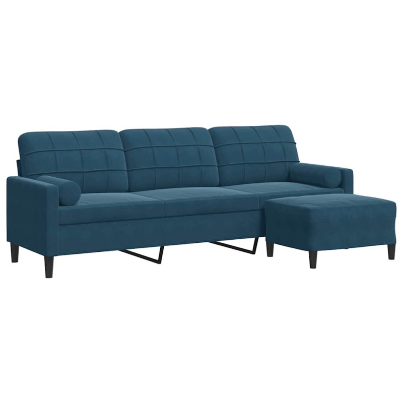 3-osobowa sofa z podnóżkiem, niebieska, 210 cm, aksamit
