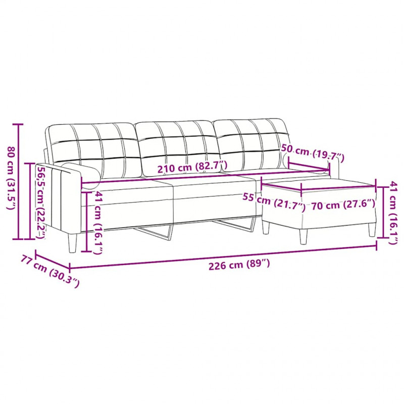 3-osobowa sofa z podnóżkiem, niebieska, 210 cm, aksamit