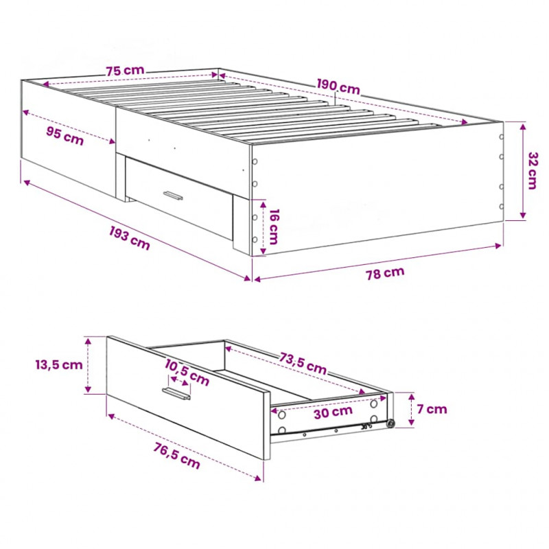 Rama łóżka z szufladami, brązowy dąb, 75x190 cm