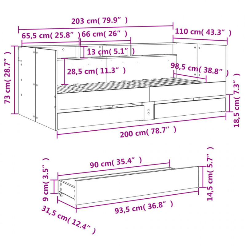 Łóżko dzienne z szufladami, bez materaca, 100x200 cm