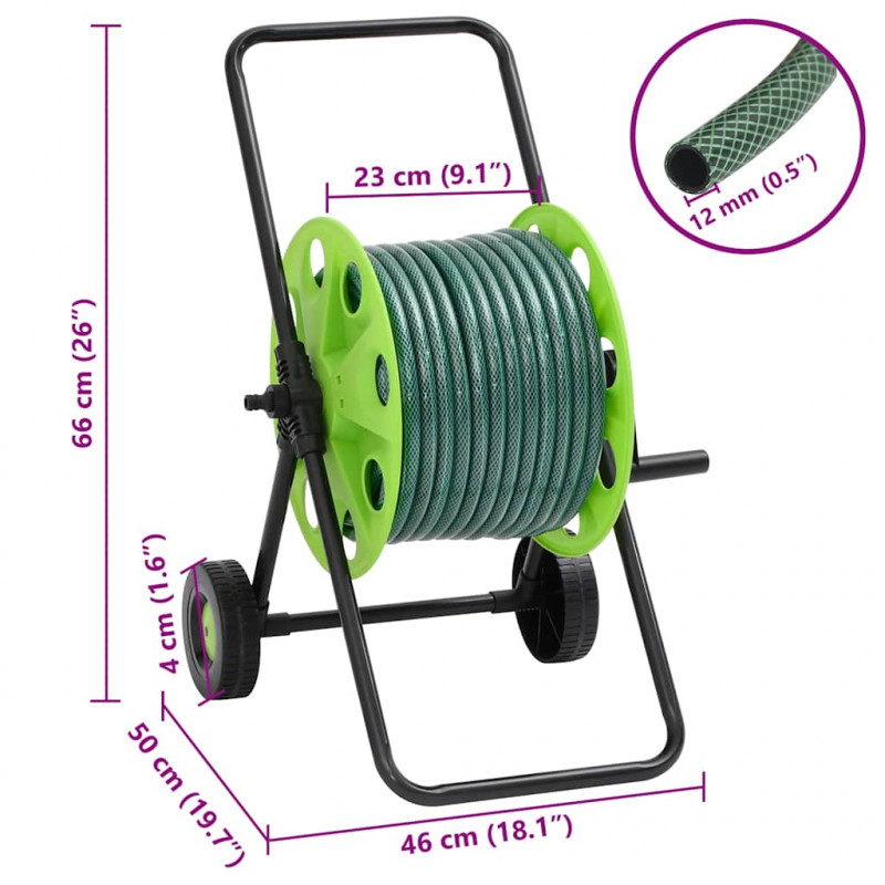 Wózek z bębnem na wąż i złączkami, 0,5", 50 m, zielony, PVC