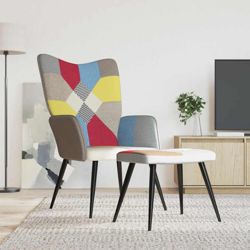 Fotel z podnóżkiem, patchwork, obity tkaniną
