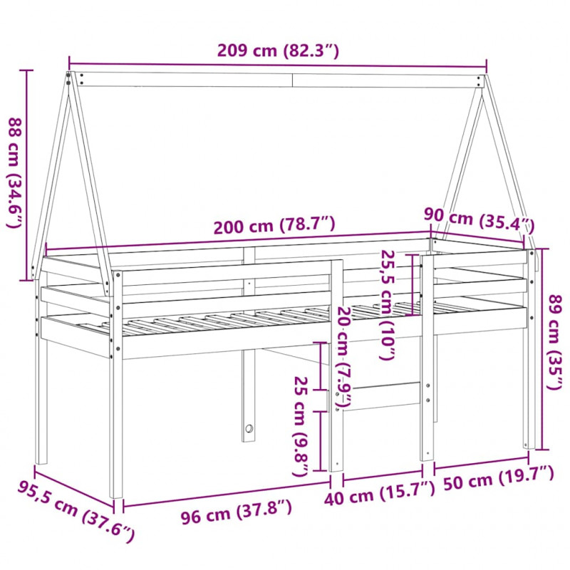 Wysokie łóżko z dachem, białe, 80x200 cm, lite drewno sosnowe