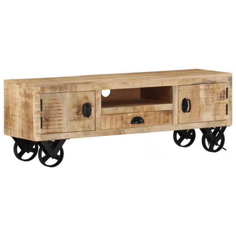 Szafka pod TV na kółkach, 110x30x37 cm, surowe drewno mango