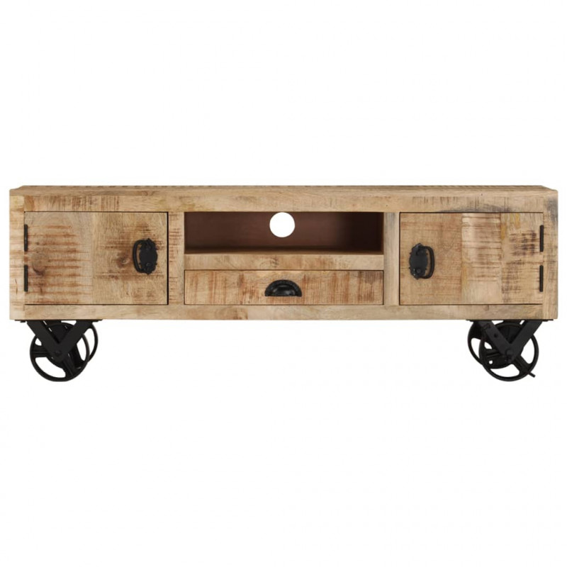 Szafka pod TV na kółkach, 110x30x37 cm, surowe drewno mango