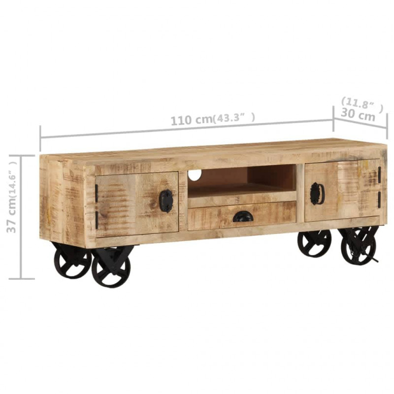 Szafka pod TV na kółkach, 110x30x37 cm, surowe drewno mango