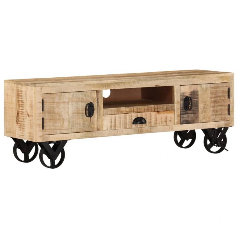 Szafka pod TV na kółkach, 110x30x37 cm, surowe drewno mango