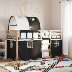 Łóżko piętrowe z zasłonkami, biało-czarne, 90x200 cm, sosnowe