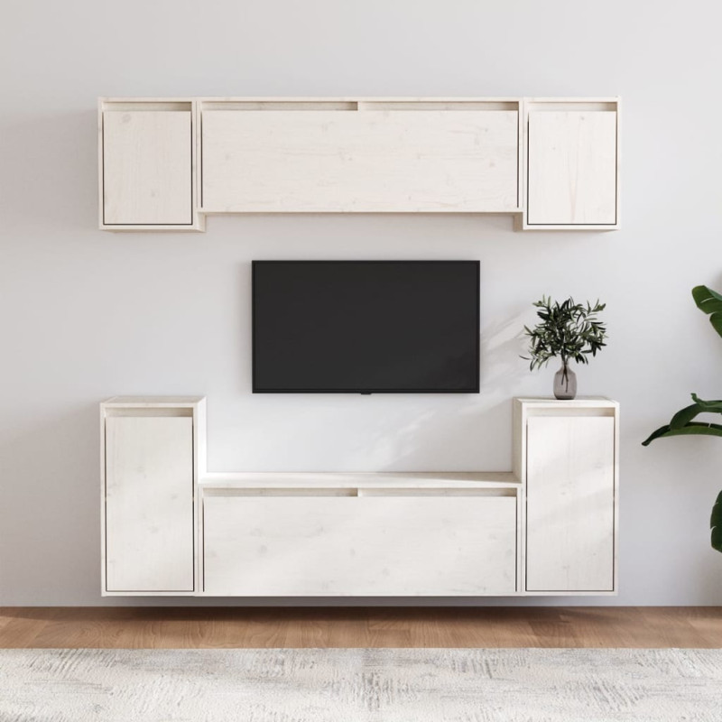 Szafki pod TV, 6 szt., białe, lite drewno sosnowe
