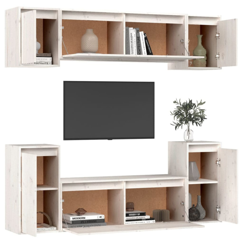 Szafki pod TV, 6 szt., białe, lite drewno sosnowe
