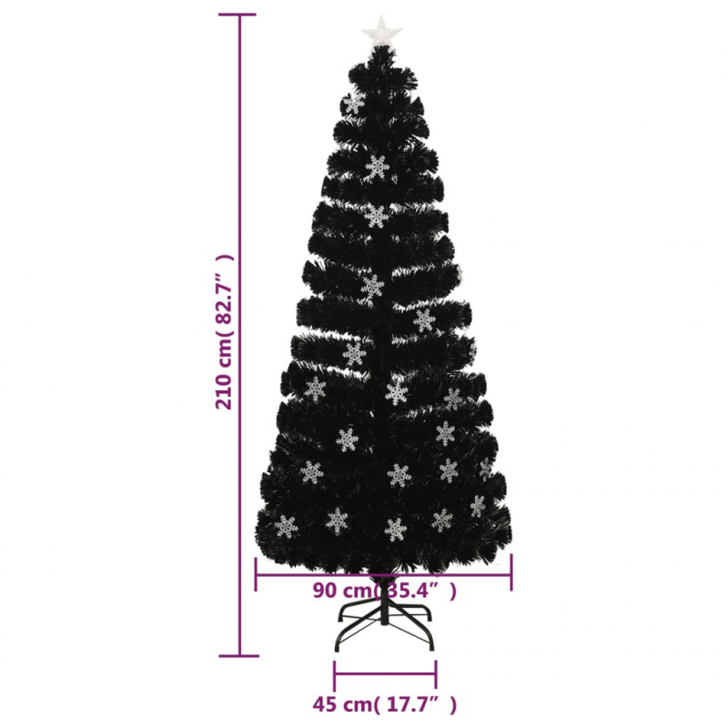 Choinka ze śnieżynkami LED, czarna, 210 cm, światłowodowa
