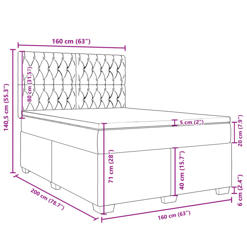 Łóżko kontynentalne z materacem, ciemnoszara tkanina 160x200 cm