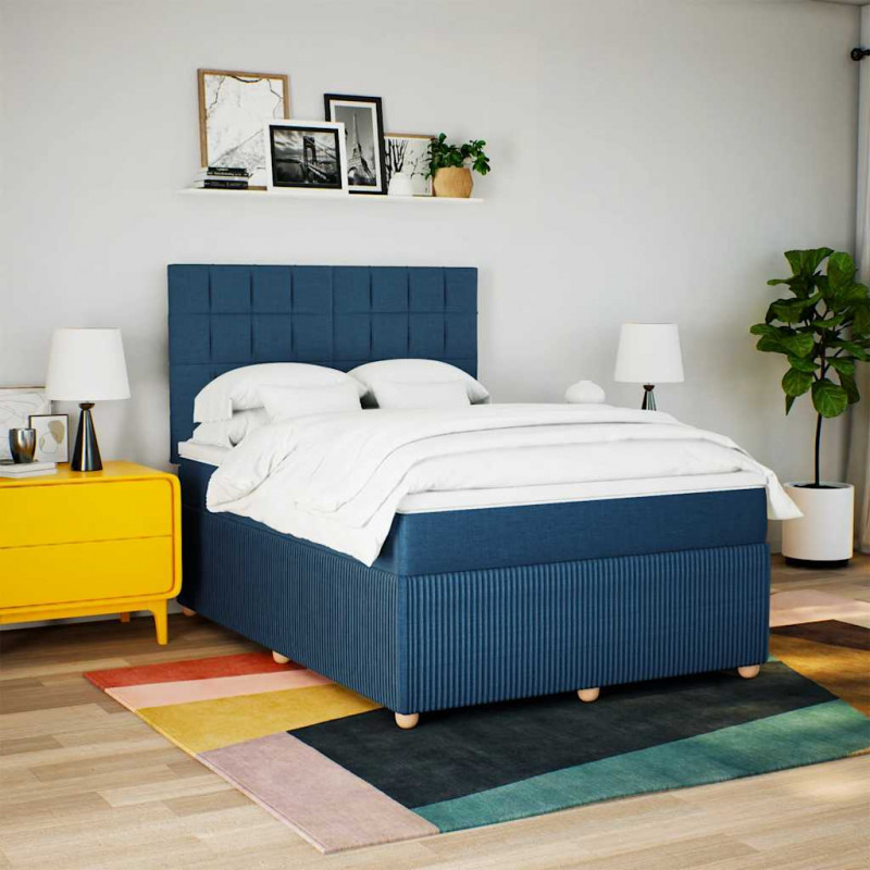 Łóżko kontynentalne z materacem, niebieskie, tkanina 140x200 cm