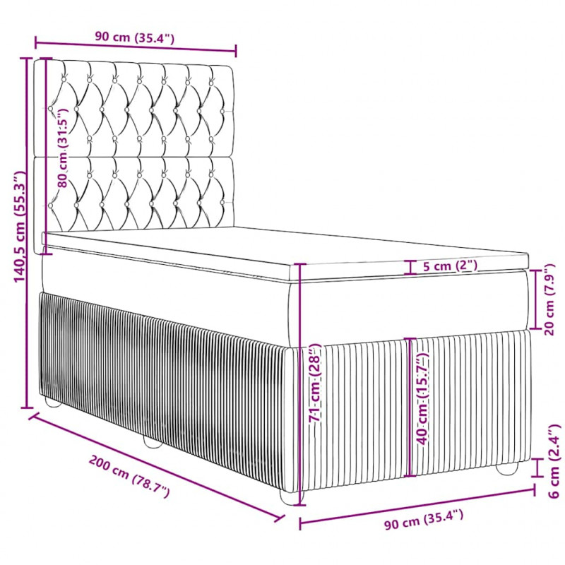 Łóżko kontynentalne z materacem, czarne, aksamit 90x200 cm
