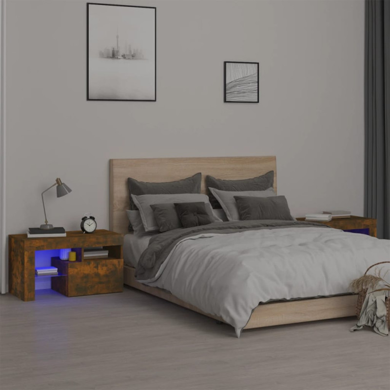 Szafki nocne z LED, 2 szt., przydymiony dąb, 70x36,5x 40 cm