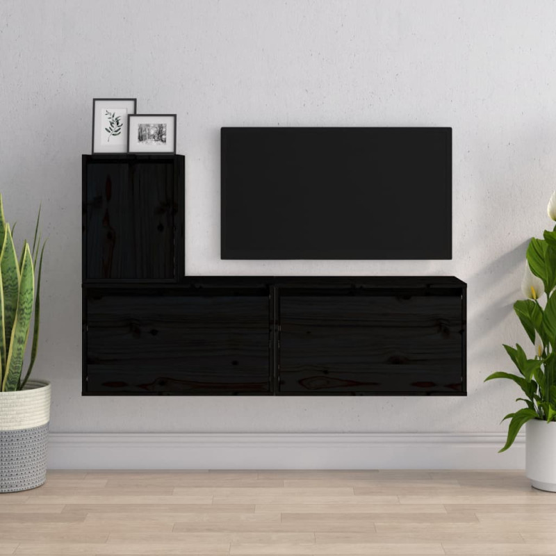 Szafki pod TV, 3 szt., czarne, lite drewno sosnowe