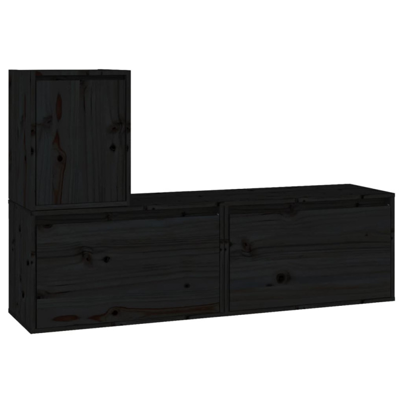 Szafki pod TV, 3 szt., czarne, lite drewno sosnowe