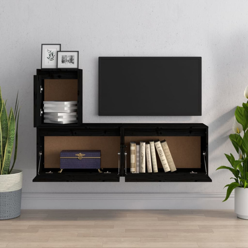 Szafki pod TV, 3 szt., czarne, lite drewno sosnowe