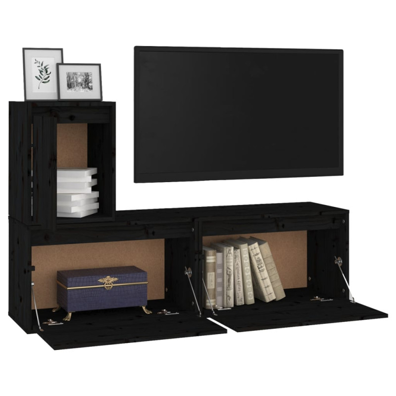 Szafki pod TV, 3 szt., czarne, lite drewno sosnowe