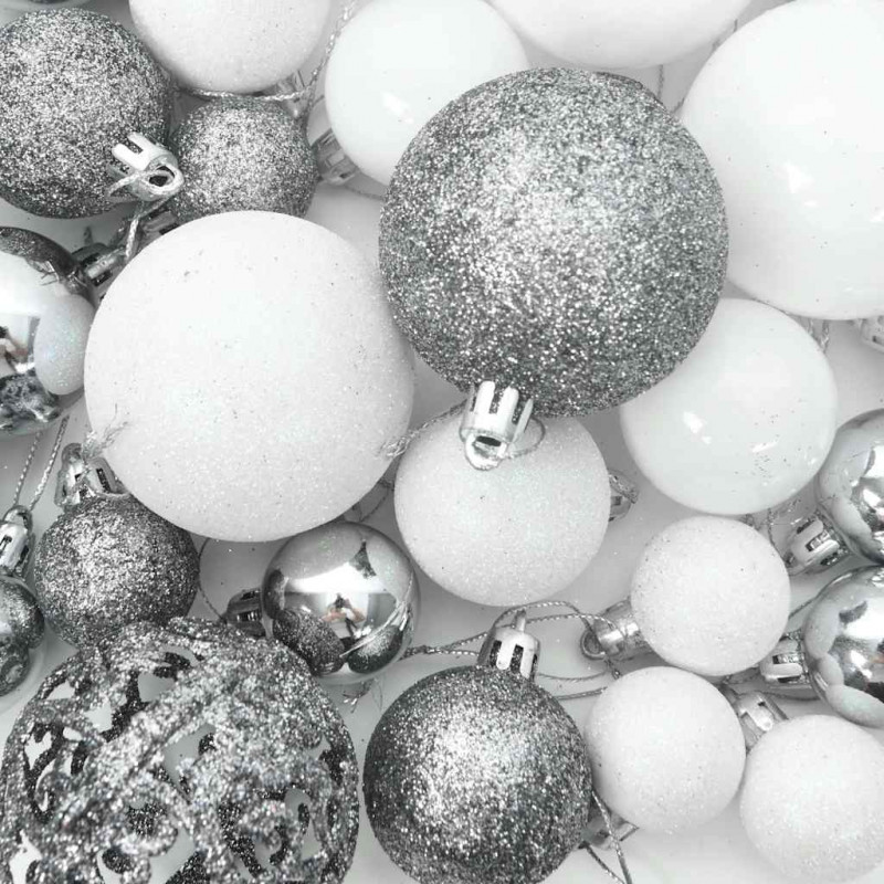 120-cz. zestaw bombek na choinkę ze szpicem 300 LED biało-szary