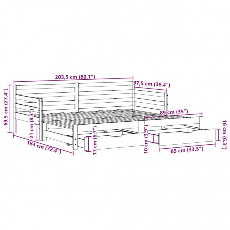 Sofa rozsuwana z szufladami, bez materaca, 90x200 cm