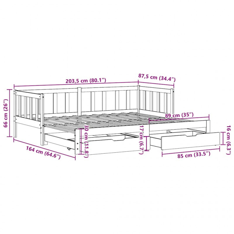 Sofa rozsuwana z szufladami, bez materaca, 80x200 cm