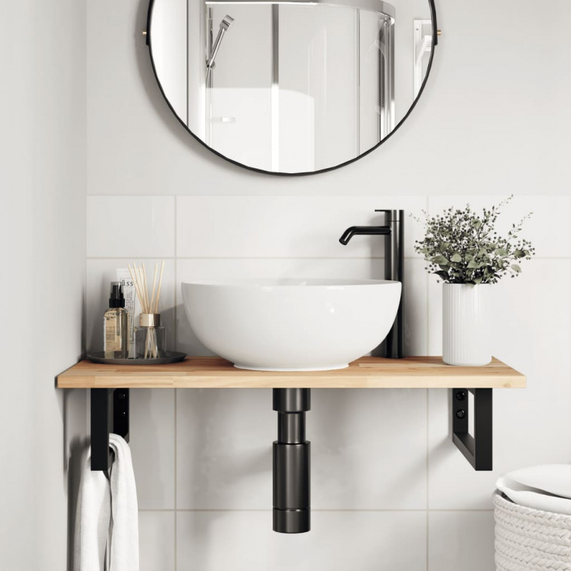 Półka ścienna pod umywalkę, stal i lite drewno akacjowe