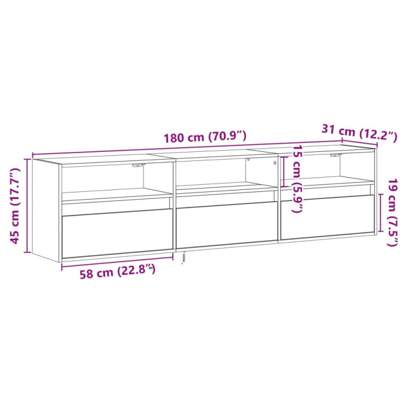 Ścienna szafka pod TV, z LED, szarość betonu, 180x31x45 cm