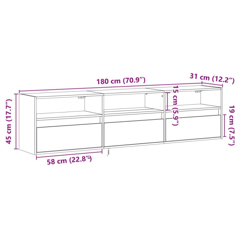 Ścienna szafka pod TV, z LED, przydymiony dąb, 180x31x45 cm