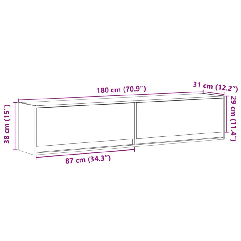 Ścienna szafka pod TV, z LED, szary dąb sonoma, 180x31x38 cm