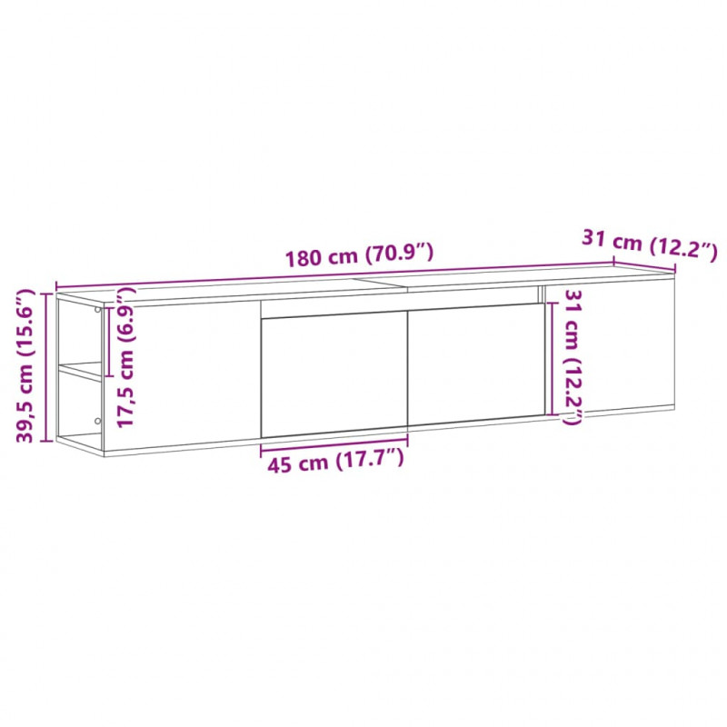 Ścienna szafka pod TV, z LED, szary dąb sonoma, 180x31x39,5 cm