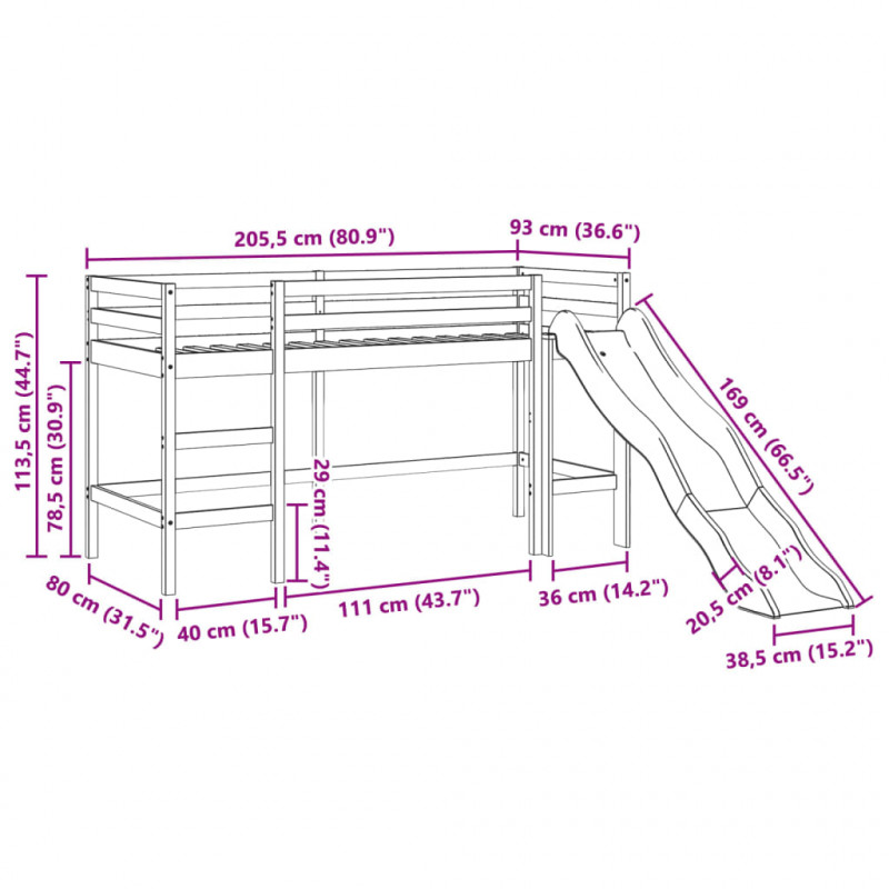Dziecięce łóżko na antresoli, z wieżą, różowe, 80x200 cm