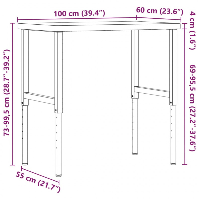 Stolik roboczy, 100x60x(73-99,5) cm, prostokątny, drewno dębowe