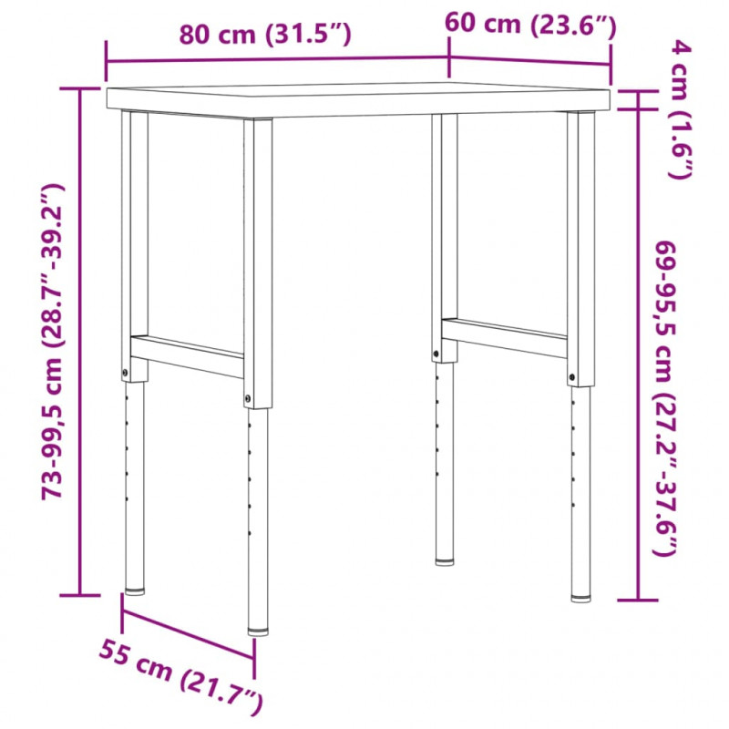 Stolik roboczy, 80x60x(73-99,5)cm, prostokątny, drewno akacjowe