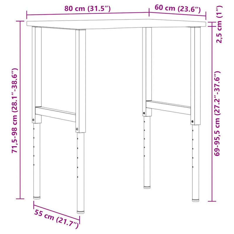 Stolik roboczy, 80x60x(71,5-98) cm, drewno dębowe