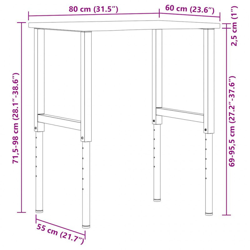 Stolik roboczy, ciemny brąz, 80x60x(71,5-98) cm, drewno dębowe