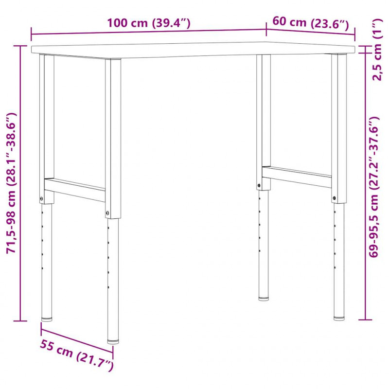 Stolik roboczy, 100x60x(71,5-98) cm, drewno dębowe