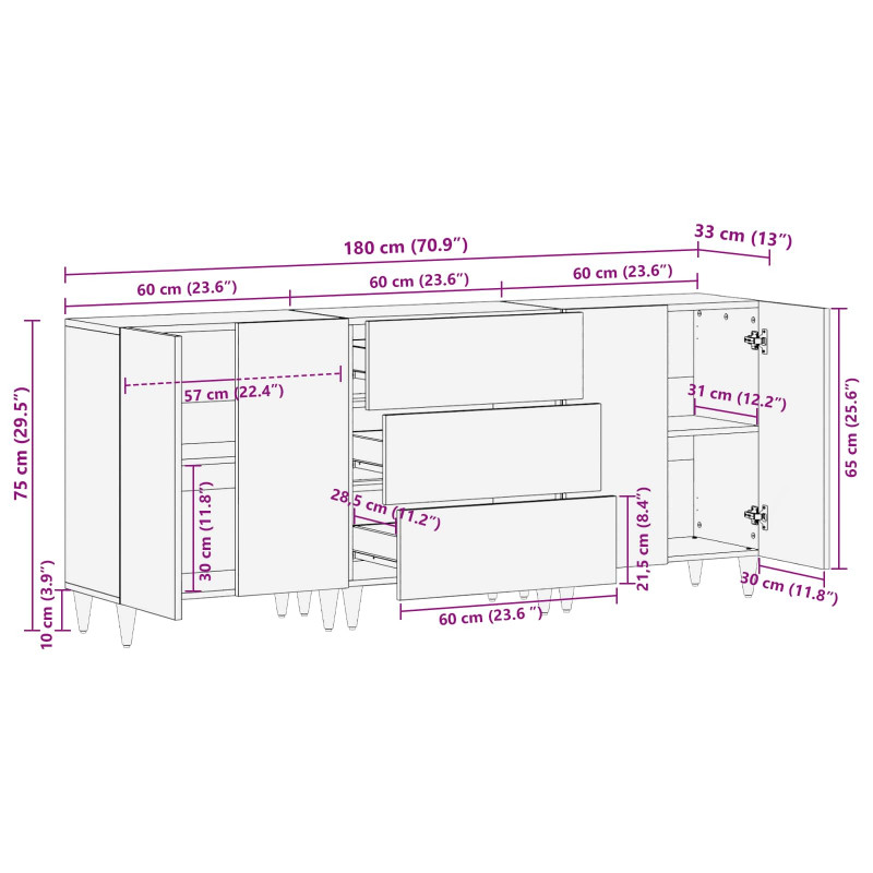 Bufet 3 pcs orzech włoski Drewno z mango