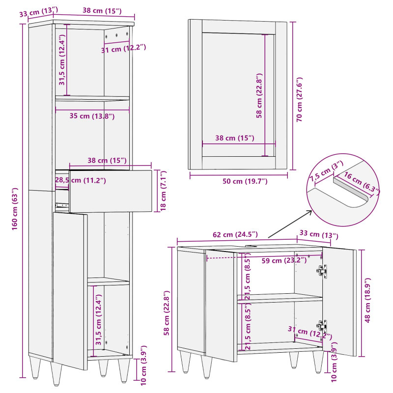 Zestaw mebli łazienkowych 3 pcs orzech włoski Drewno z mango