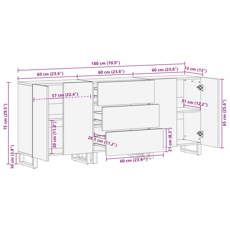 Bufet 3 pcs Brązowy 60 x 33 x 75 cm Drewno z mango